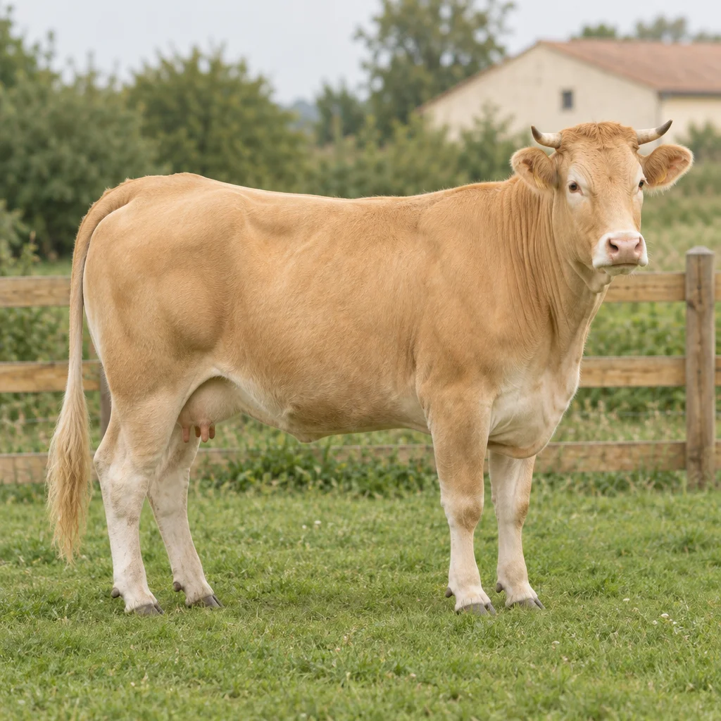 Ilustrație cu o vacă Blonde d’Aquitaine de culoarea grâului deschis, cu coarne deschise la culoare și nas roz, pe o pășune împrejmuită.