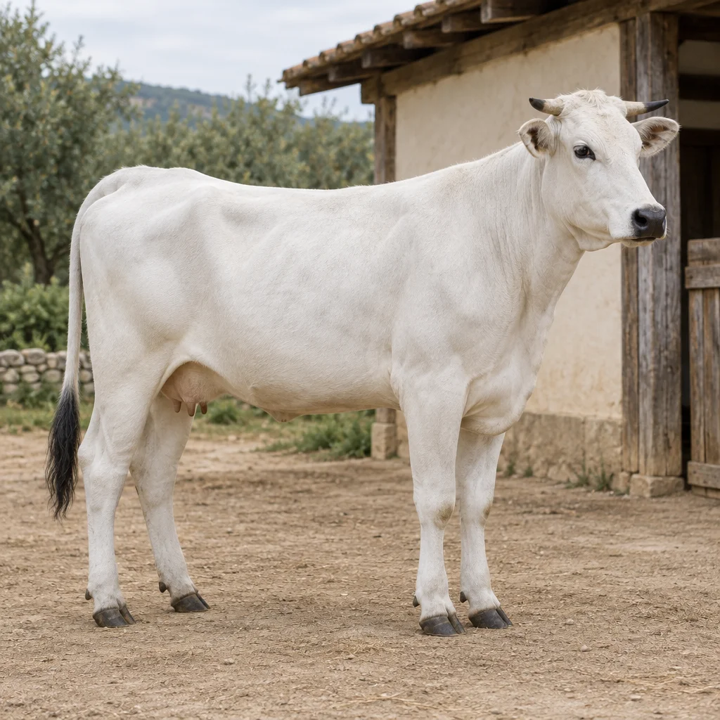 O bovină albă de talie mare, cu coarne scurte și bot închis la culoare, stă în curte lângă o șură din lemn.