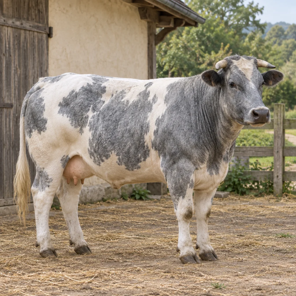 Un bovin alb cenușiu, cu coarne scurte, stă în curtea unei ferme, lângă o șură, cu toate cele patru picioare vizibile.