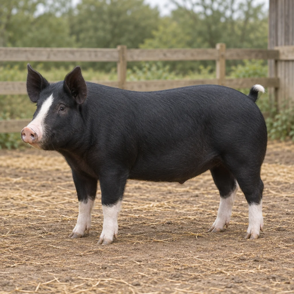 Porc negru cu urechi drepte, un marcaj alb pe rât, partea inferioară a picioarelor albă și vârful cozii alb, în interiorul unui spațiu exterior împrejmuit.