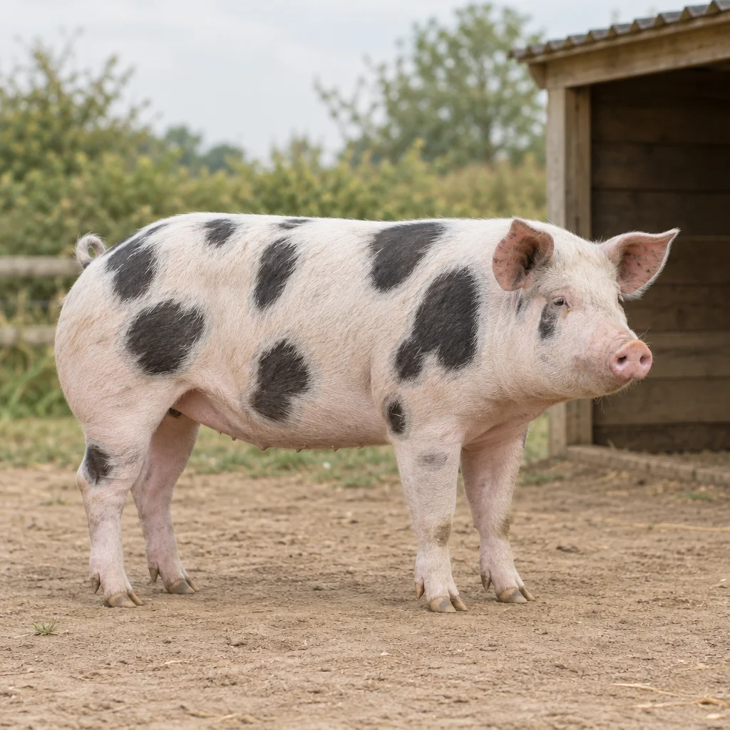 Un porc alb cu pete negre stă în curte lângă un adăpost din lemn, cu toate cele patru picioare vizibile.