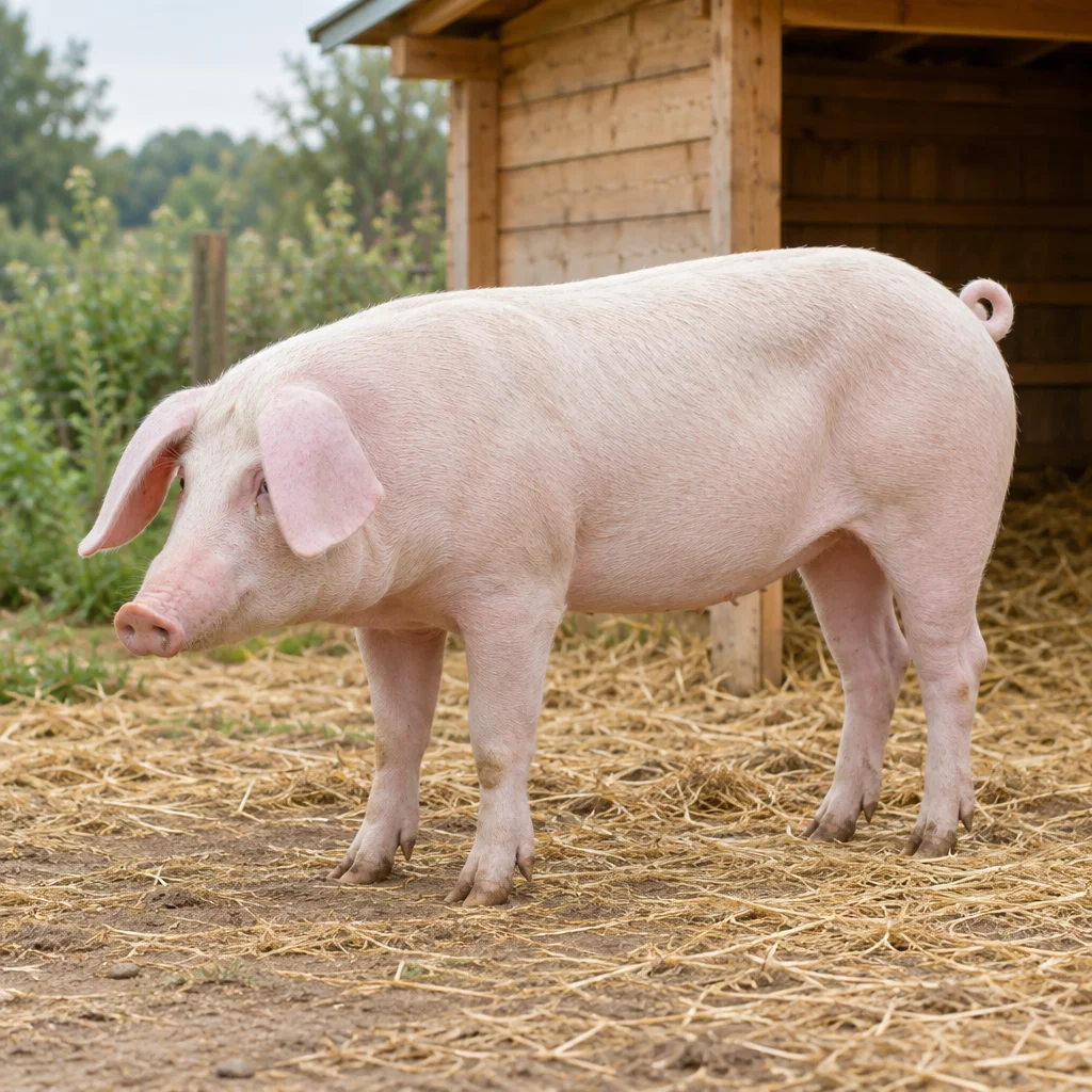 Un porc alb cu urechi căzute stă pe paie în fața unui adăpost din lemn.