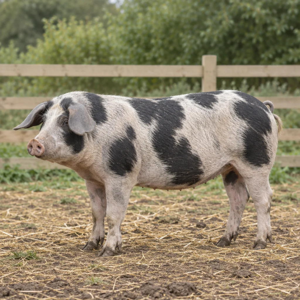 Un porc cu pete negre și urechi căzute este surprins în întregime pe paie și pământ, în fața unui gard de lemn.