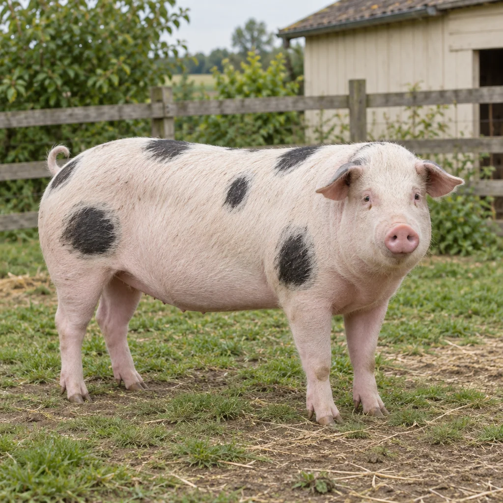 Un porc alb cu pete negre rotunde stă lângă un gard din lemn, cu toate cele patru picioare vizibile.