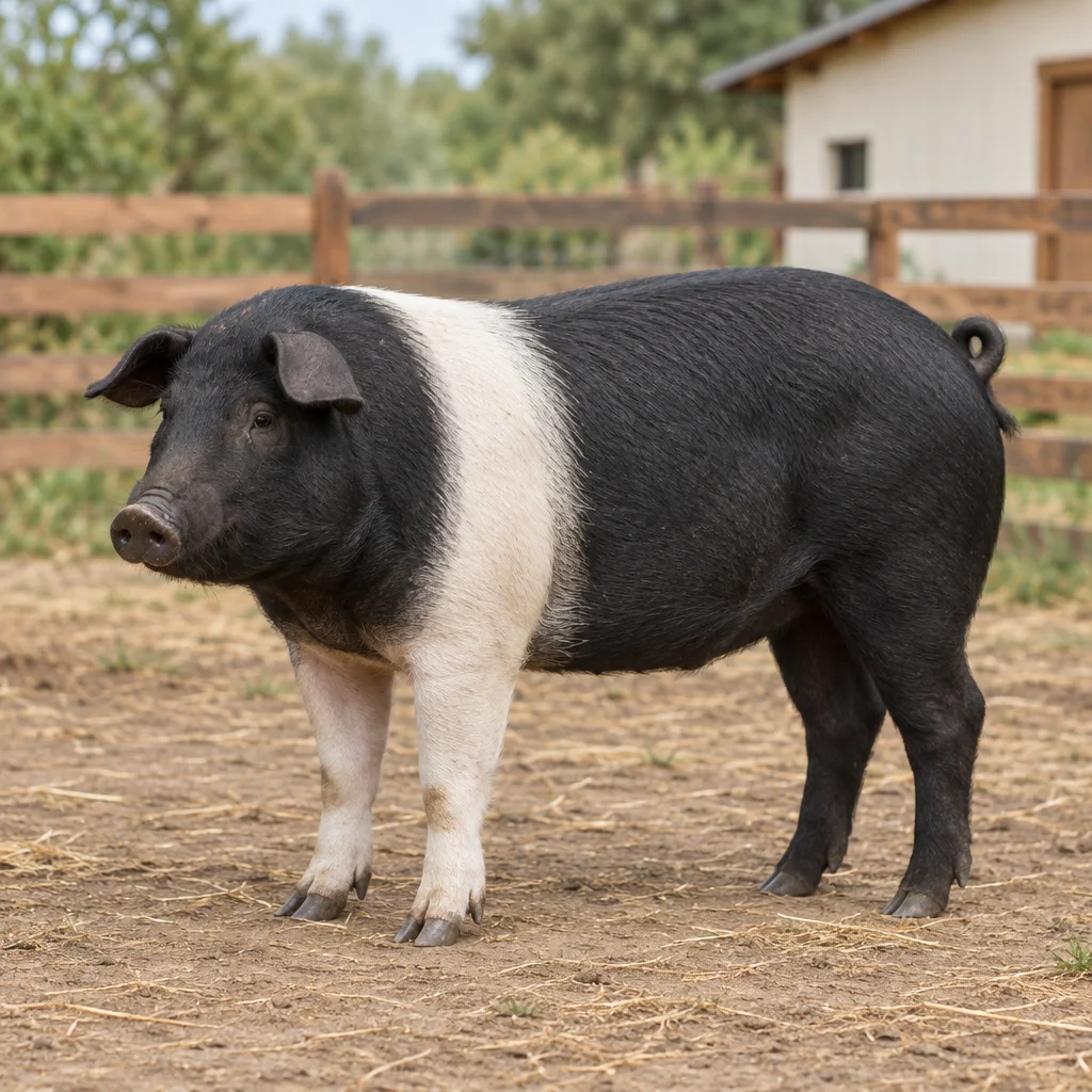 Un porc negru, cu o bandă albă peste umeri și picioarele din față, stă în curte, cu un gard de lemn în fundal.