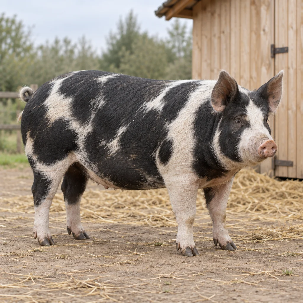 Un porc adult cu pete albe și negre stă pe paie și pământ, în fața unui șopron din lemn; toate cele patru picioare sunt vizibile.