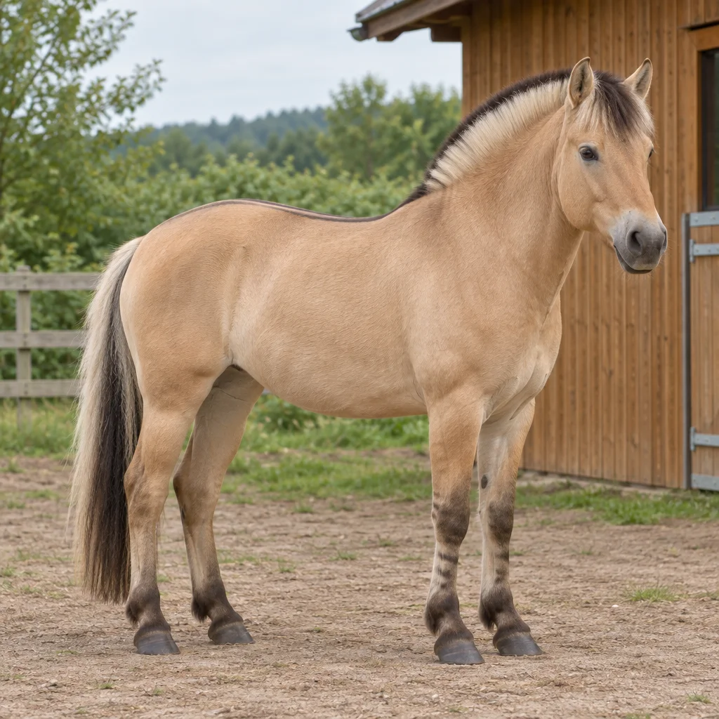 Un cal de culoarea nisipului, cu o coamă scurtă, ridicată și bicoloră, stă lângă un grajd din lemn, cu toate copitele vizibile.