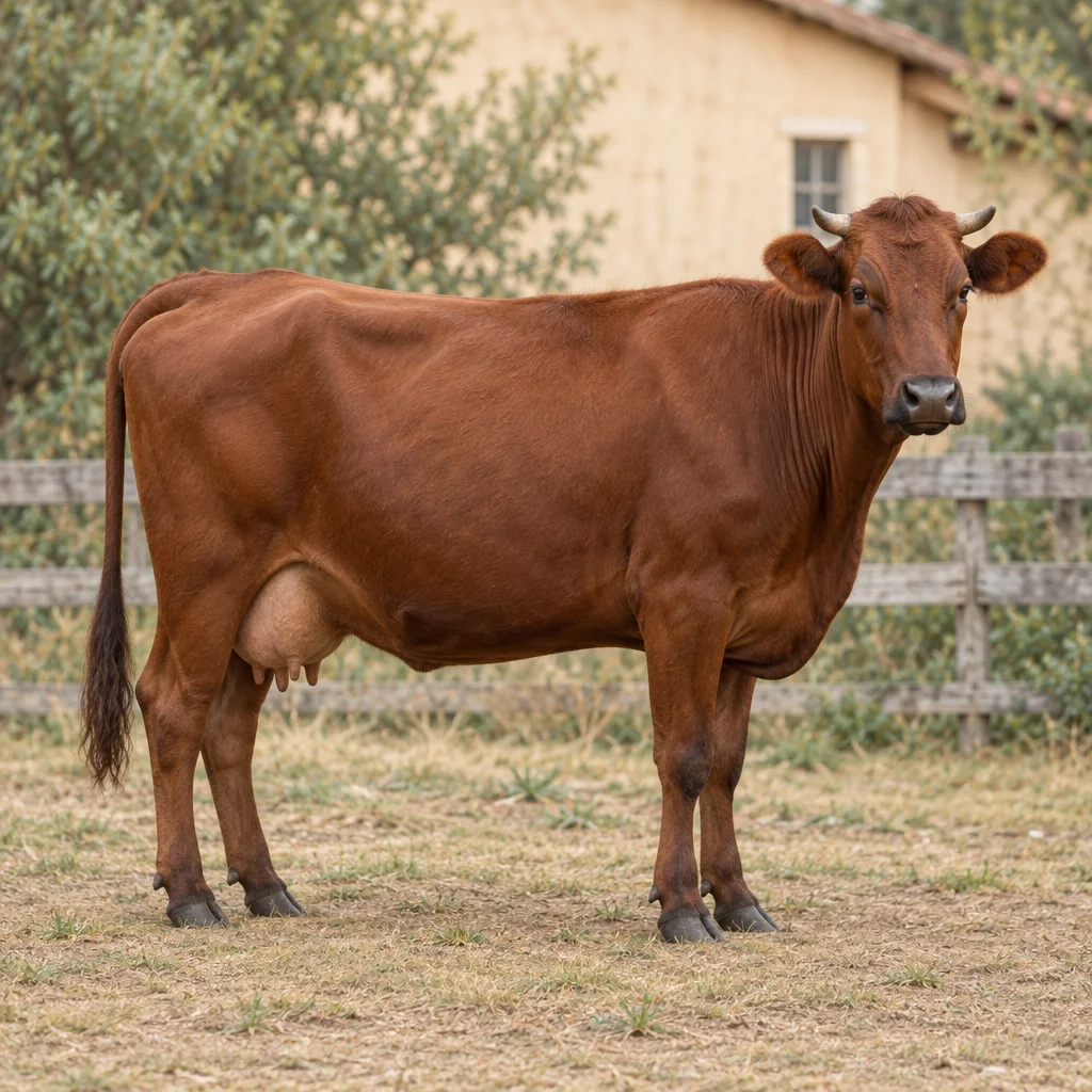 Vacă brun roșcată, cu bot închis la culoare și coarne scurte, vizibilă în întregime în fața unui gard de lemn.