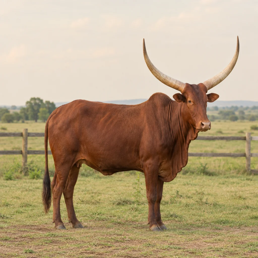 Ilustrație cu o bovină Ankole brun roșcată, cu coarne lungi curbate în sus, pe o pășune cu iarbă.