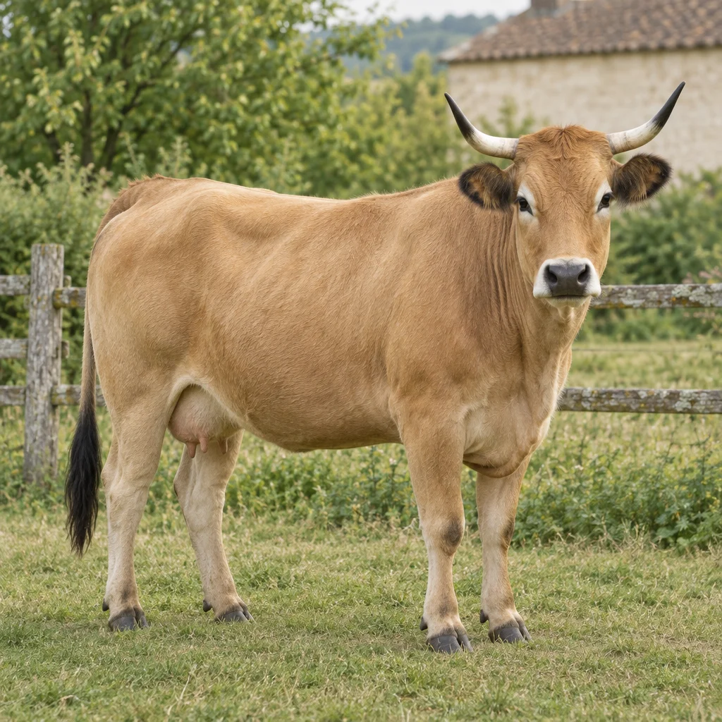 Vacă maro deschis, cu coarne curbate în sus și smoc de păr închis la culoare la capătul cozii, surprinsă integral pe o pășune lângă un gard de lemn.