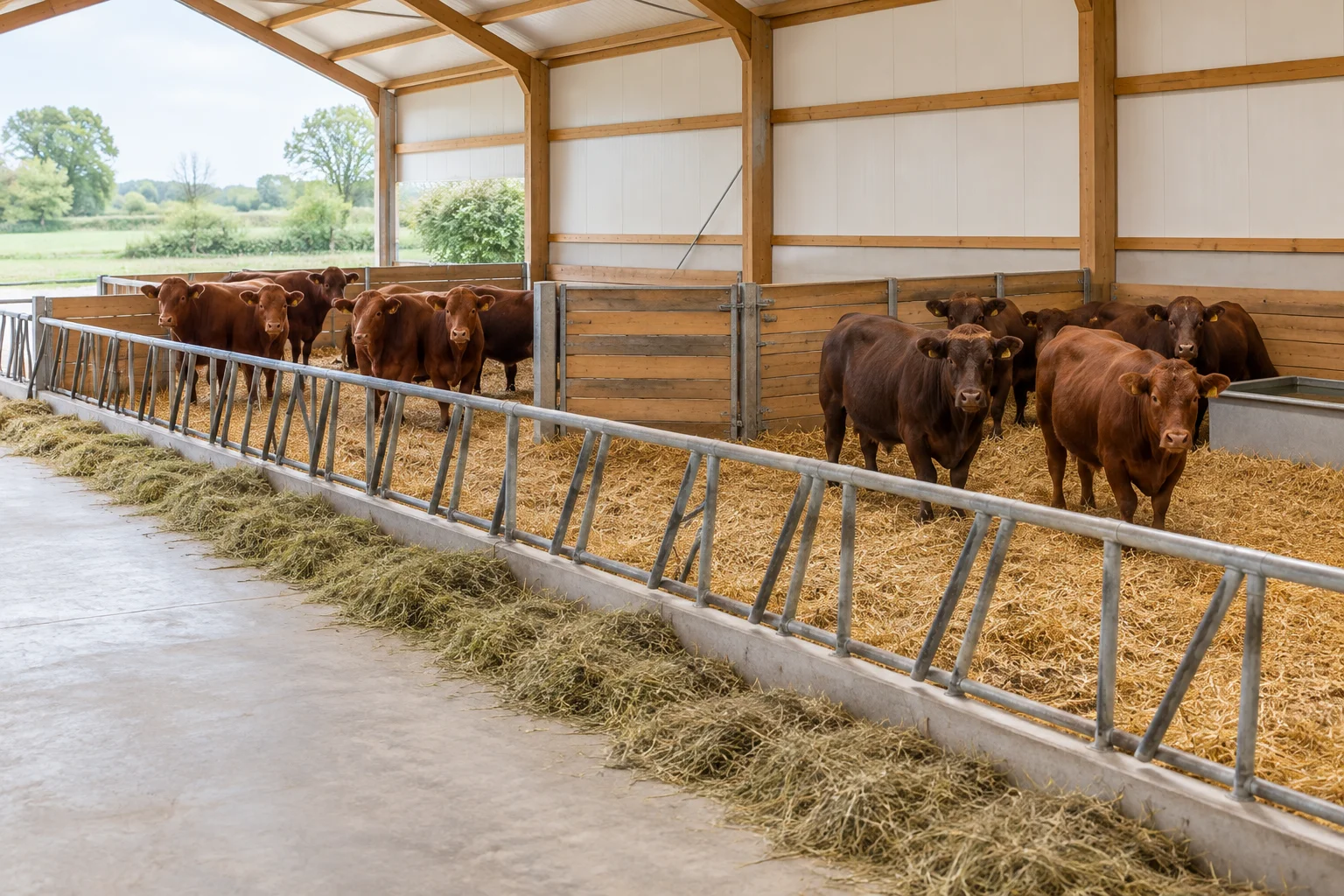 Două grupe de bovine brune stau în țarcuri separate cu așternut de paie, în spatele unui grilaj de furajare. Paralel cu grilajul se întinde un culoar de furajare din beton, cu fân; unul dintre țarcuri are o adăpătoare.