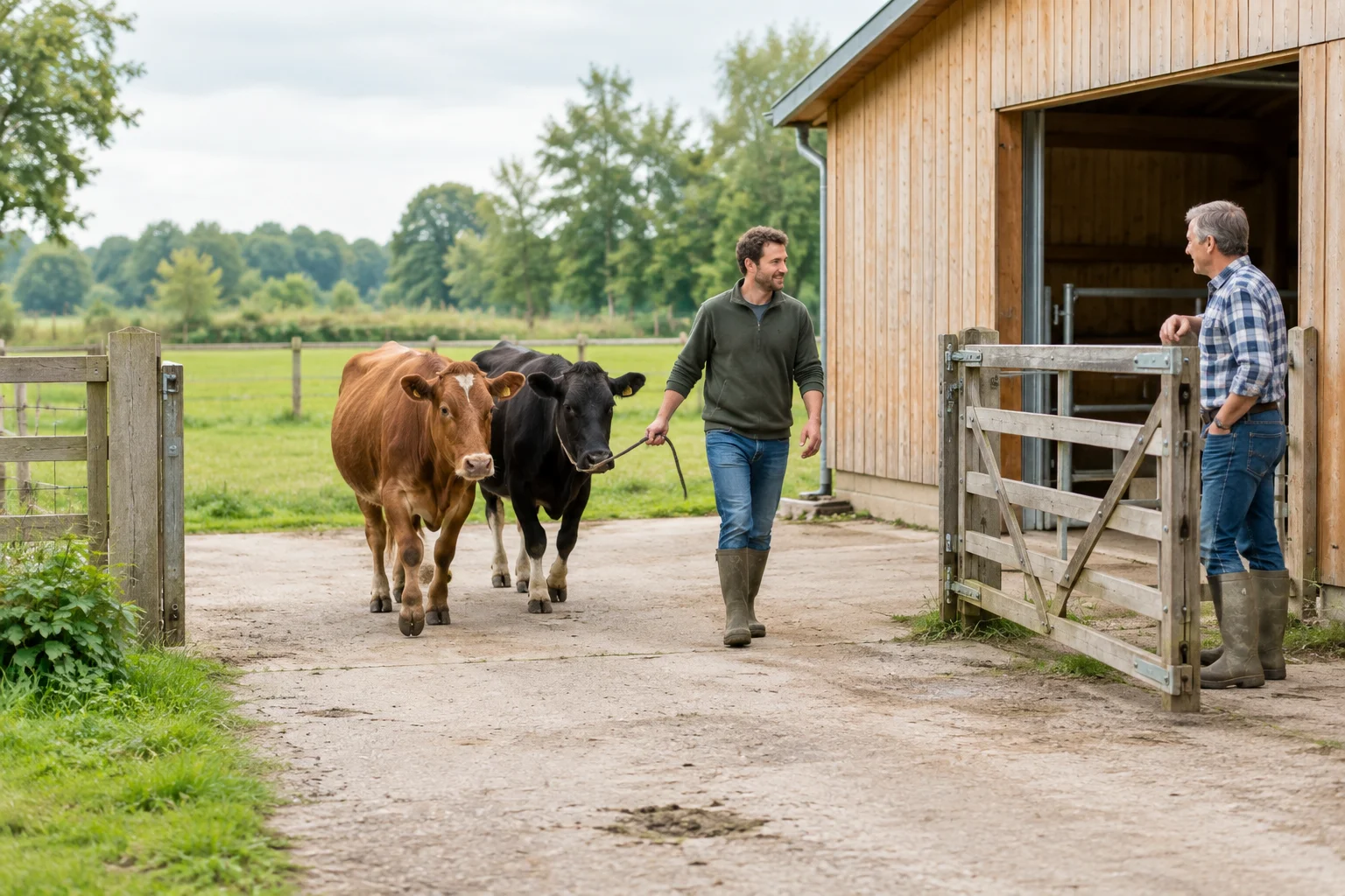 Două bovine merg împreună cu un însoțitor spre o poartă deschisă lângă un grajd, unde se află o a doua persoană.