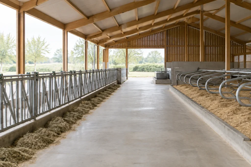 Interiorul unui grajd de bovine gol, cu structură de lemn a acoperișului, grilaj de furajare, cușete de odihnă și un culoar central din beton.