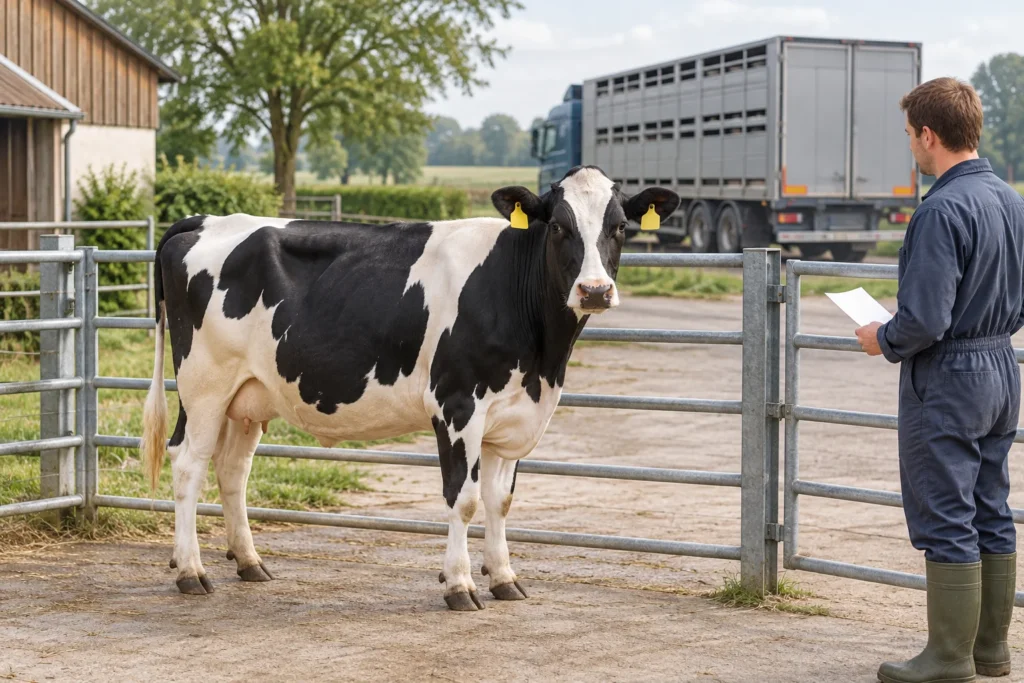 Vacă cu pete albe și negre și crotalii galbene lângă un gard, cu un angajat și un camion pentru transportul animalelor în fundal.