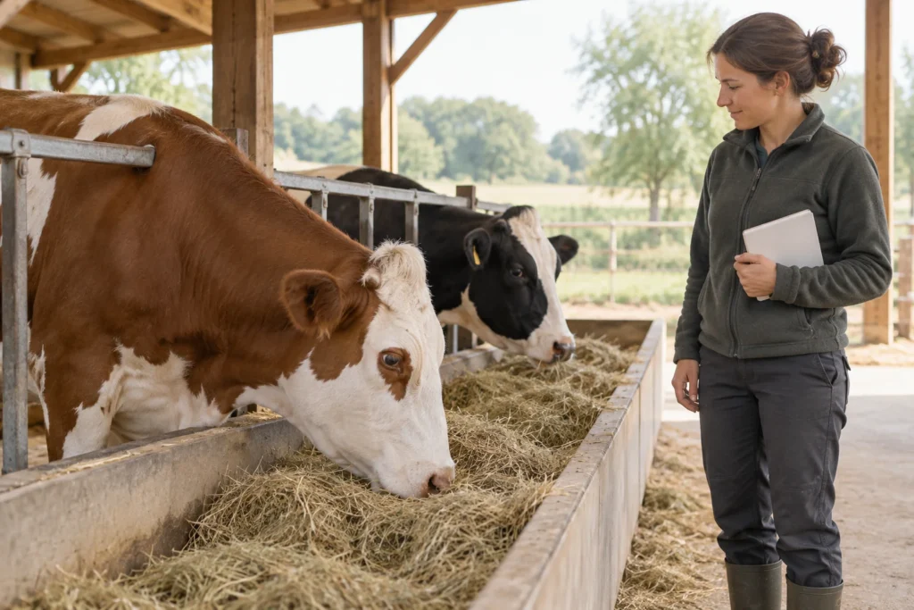 Două bovine mănâncă fân aflat în iesle, iar lângă ele stă o femeie cu un carnet închis.