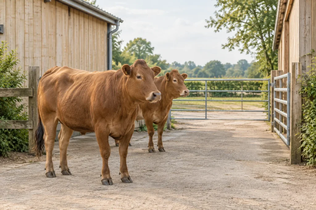 Două bovine brune stau în curte, între șoproane din lemn și garduri metalice.