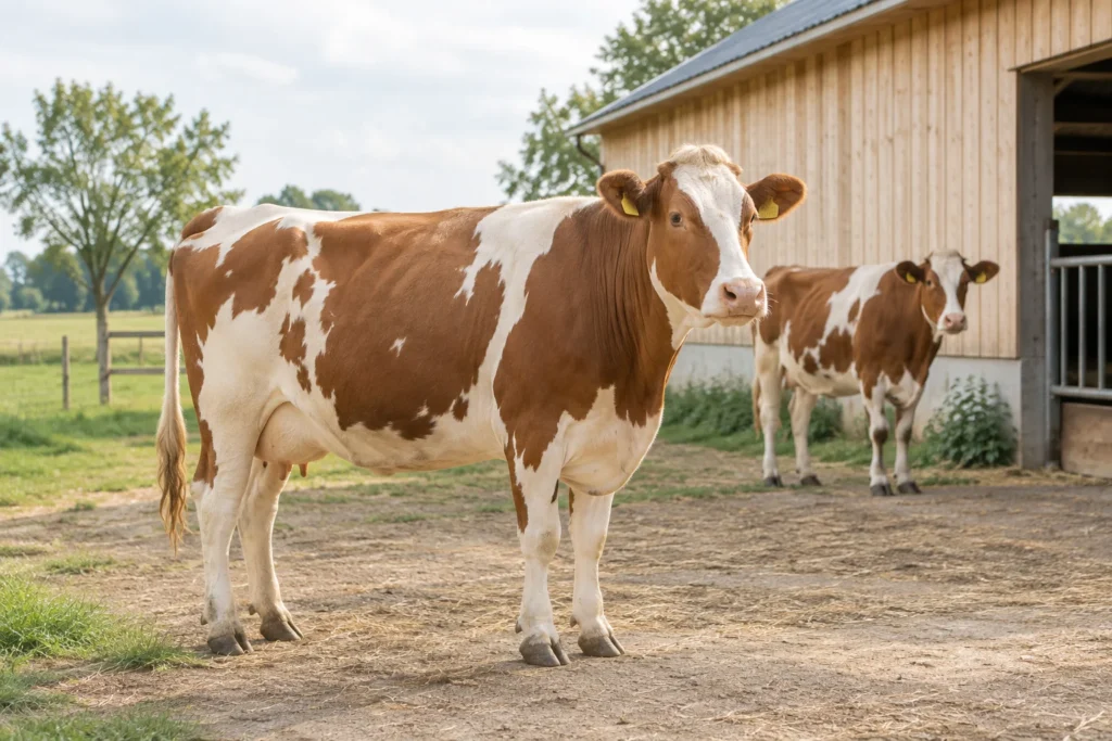 Două bovine cu blana maro și albă, cu crotalii, în curtea de lângă un grajd.
