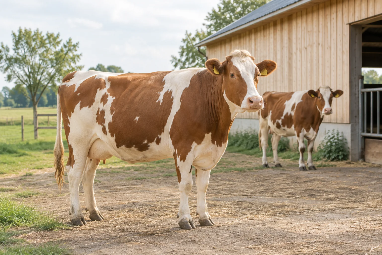 Două bovine cu blana maro și albă, cu crotalii, în curtea de lângă un grajd.