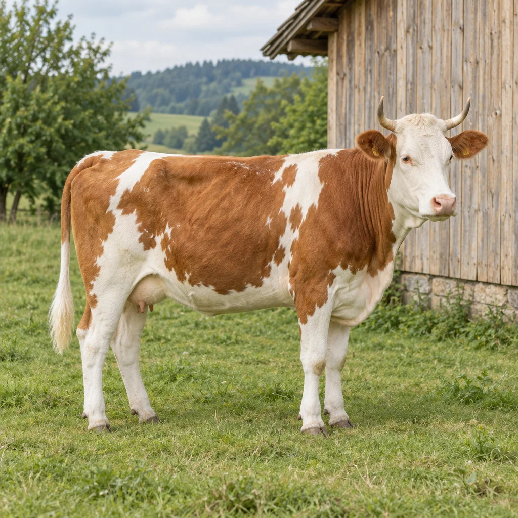 O bovină roșie cu alb, cu cap alb și coarne curbate, stă pe iarbă lângă un șopron din lemn.