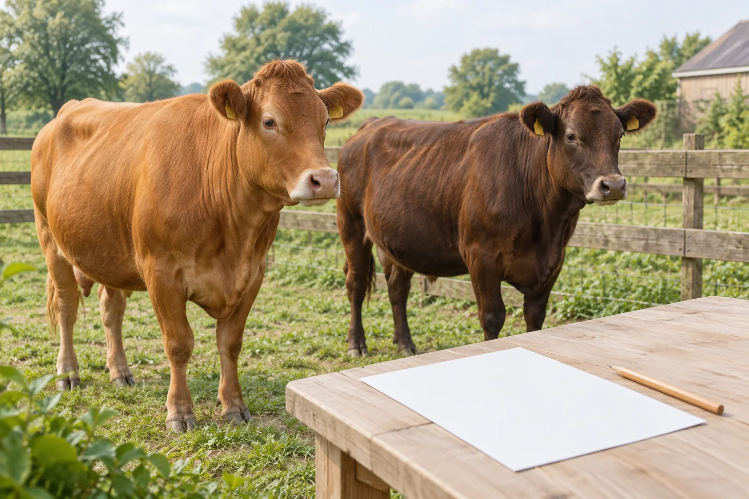 Două bovine cu crotalii stau pe o pășune lângă o masă pe care se află o foaie de hârtie goală și un creion.