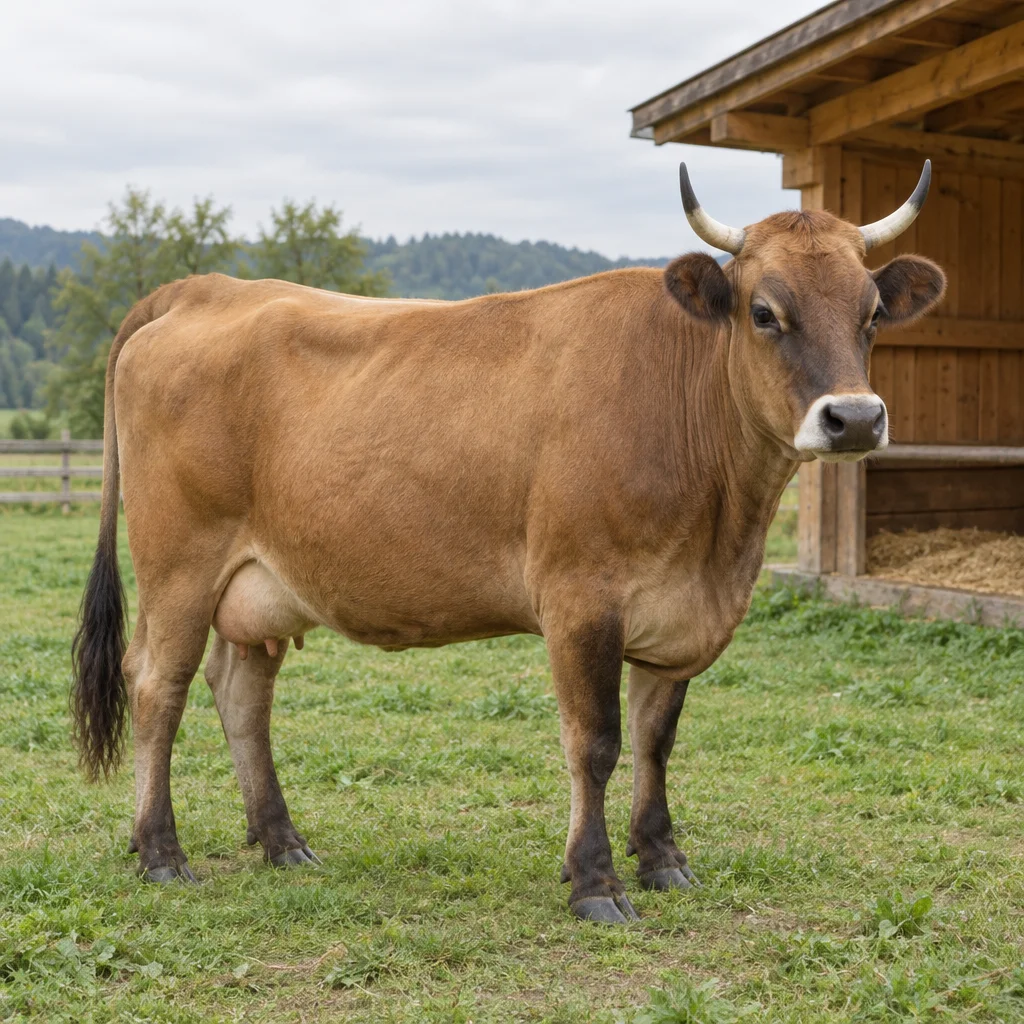 Vacă brună cu picioare închise la culoare, un smoc închis la culoare la capătul cozii și coarne deschise la culoare, cu vârfuri închise, stând pe iarbă lângă un adăpost din lemn.