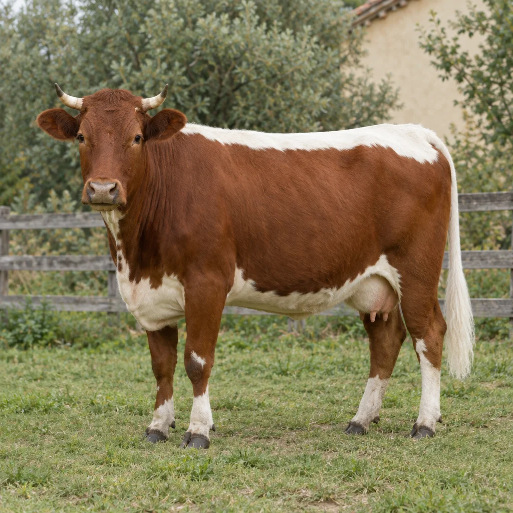 Bovină castanie cu o dungă albă pe spate, abdomen alb și coadă albă, stând în iarbă lângă un gard de lemn.