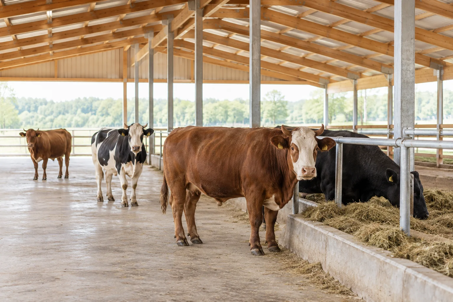 Ilustrație cu bovine aflate în interiorul unui grajd deschis, cu o structură din lemn pentru acoperiș și o iesle cu fân.