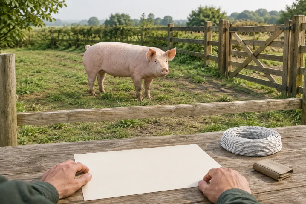 Un porc roz se află în interiorul unui spațiu împrejmuit, lângă un gard de lemn. Pe o masă se află o foaie albă de hârtie și un fir înfășurat.