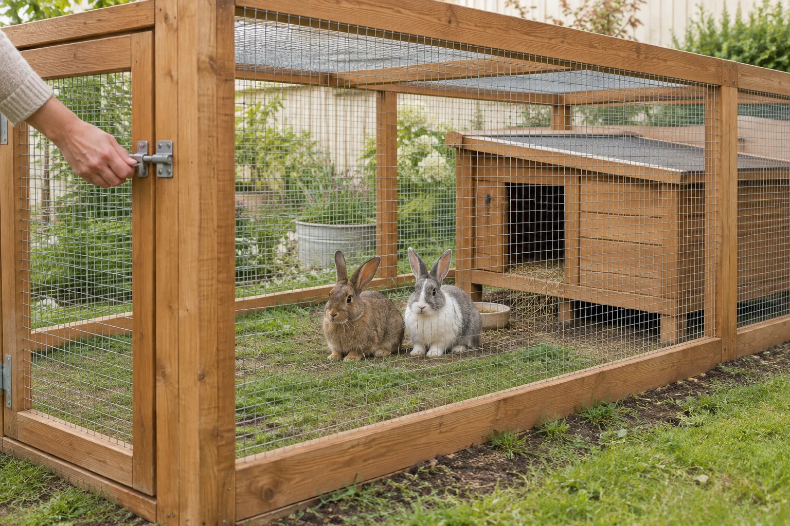 Doi iepuri se află în interiorul unui țarc din lemn cu plasă, cu partea de sus acoperită și cu un adăpost; o mână atinge închizătoarea ușiței.
