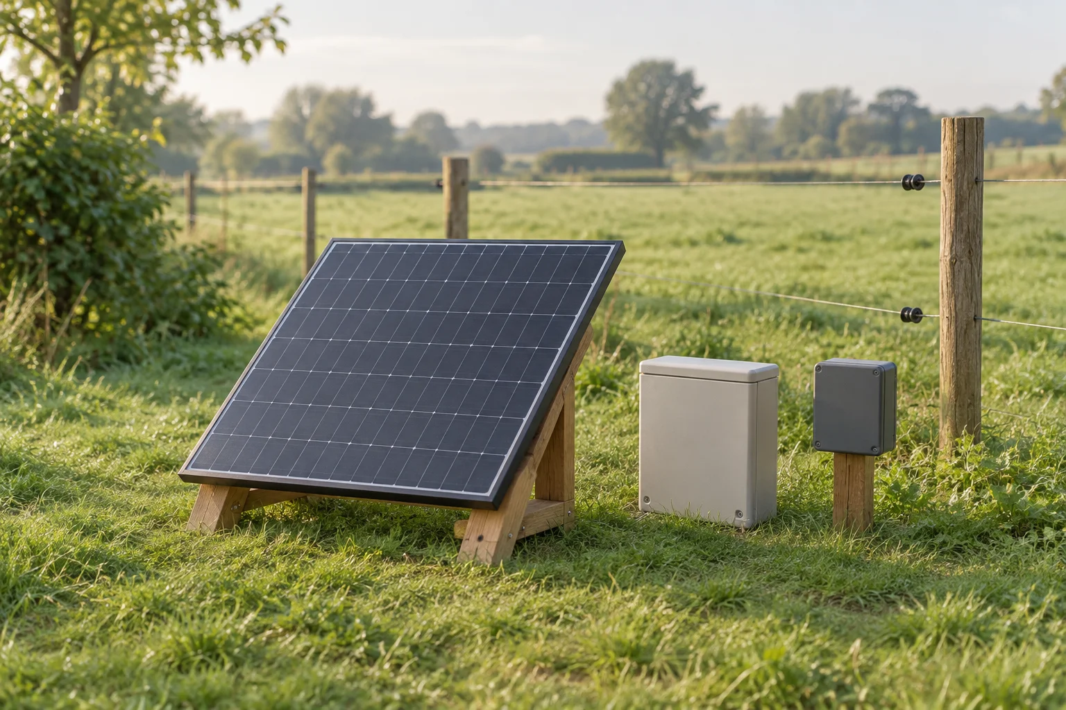 Panou solar pe un suport de lemn, lângă două carcase închise aflate în iarbă, cu un gard electric în fundal.