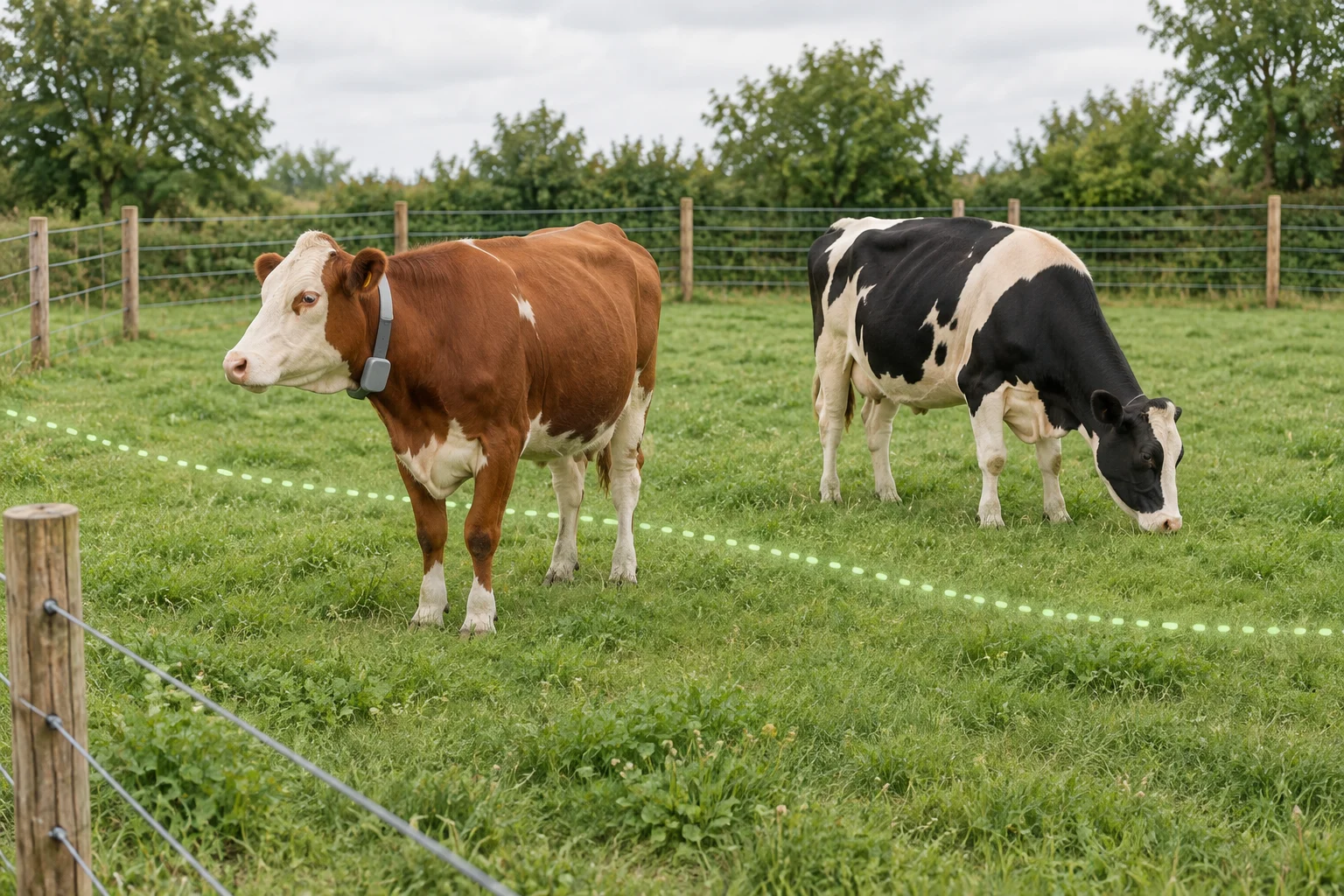 Două bovine pe o pășune, dintre care una poartă o zgardă; o linie punctată reprezintă o împrejmuire virtuală.