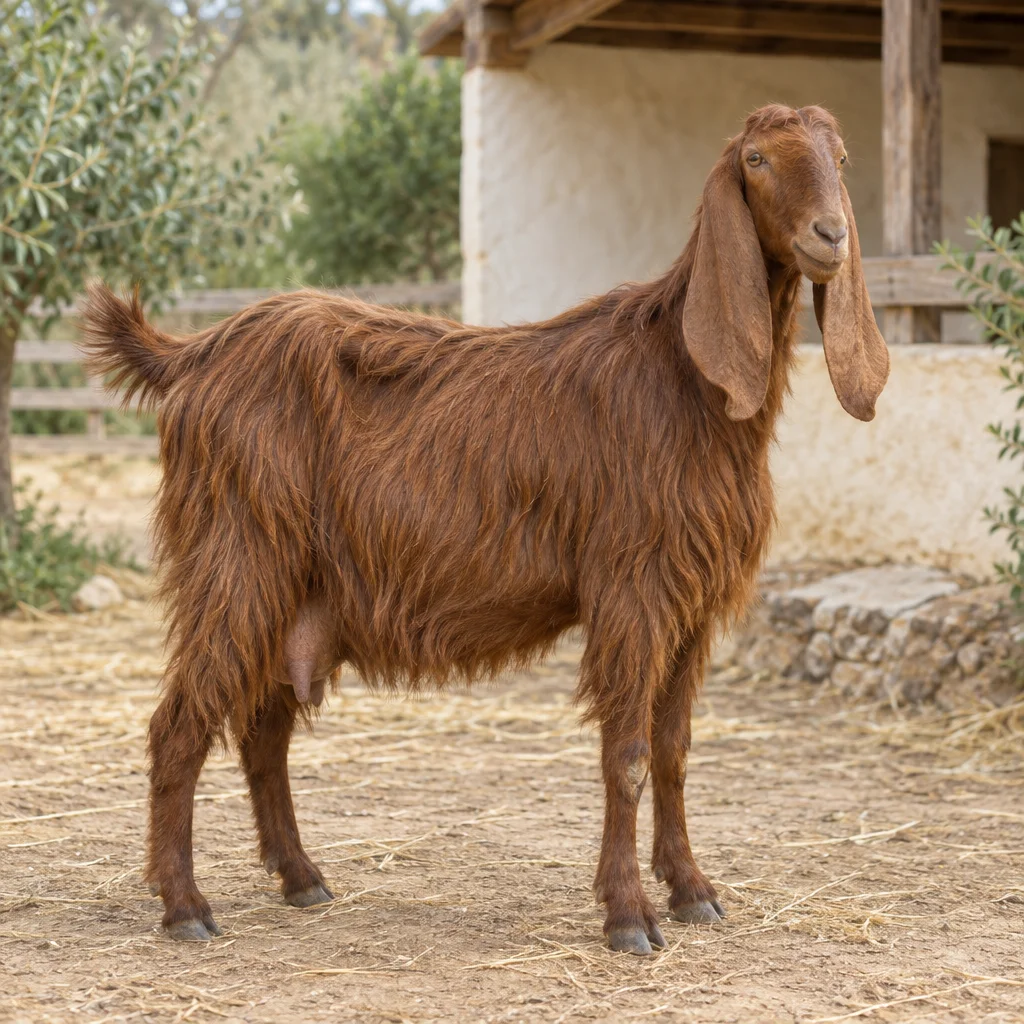 O capră brun roșcată, cu păr lung și urechi lungi și lăsate, stă în curtea de lângă un grajd deschis la culoare; toate cele patru copite sunt vizibile.