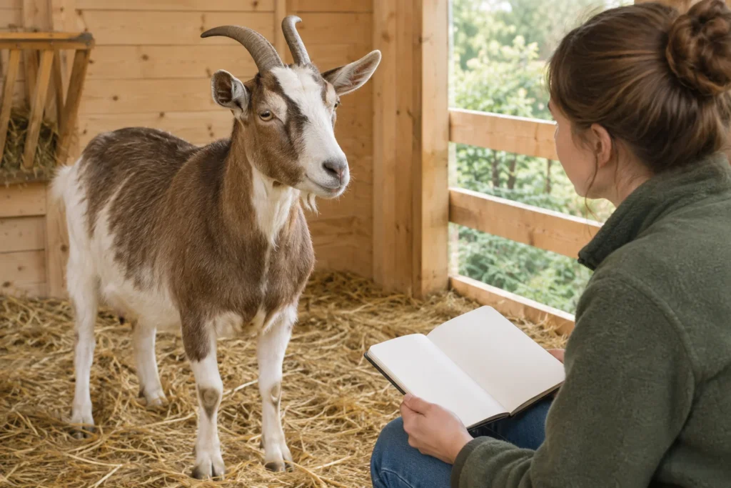 O capră stă pe paie în interiorul unui adăpost din lemn, în timp ce o persoană cu un caiet gol privește animalul.