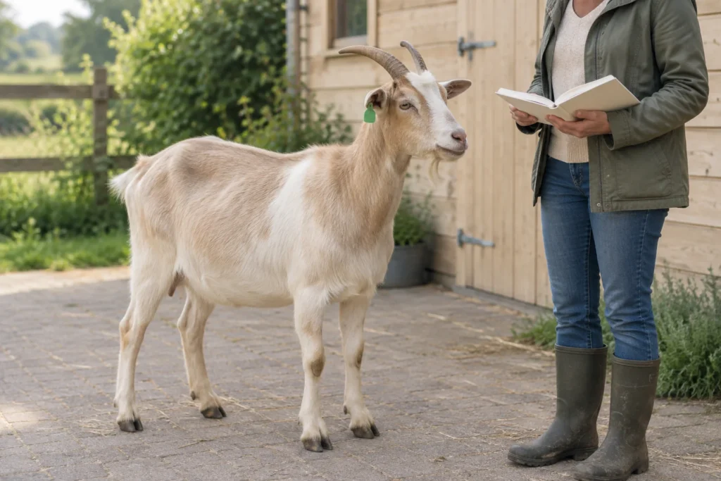 O capră cu un crotaliu verde stă lângă o persoană care ține o carte deschisă, în apropierea unui adăpost pentru animale.