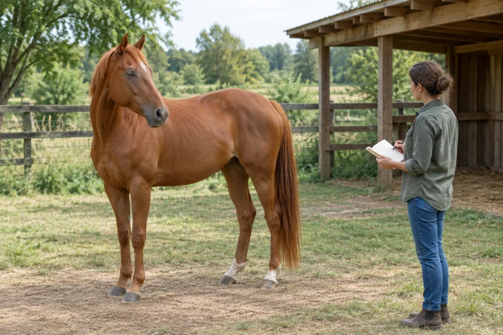 Un cal roib stă lângă un adăpost din lemn, în timp ce o îngrijitoare privește calul având în față un carnet deschis.