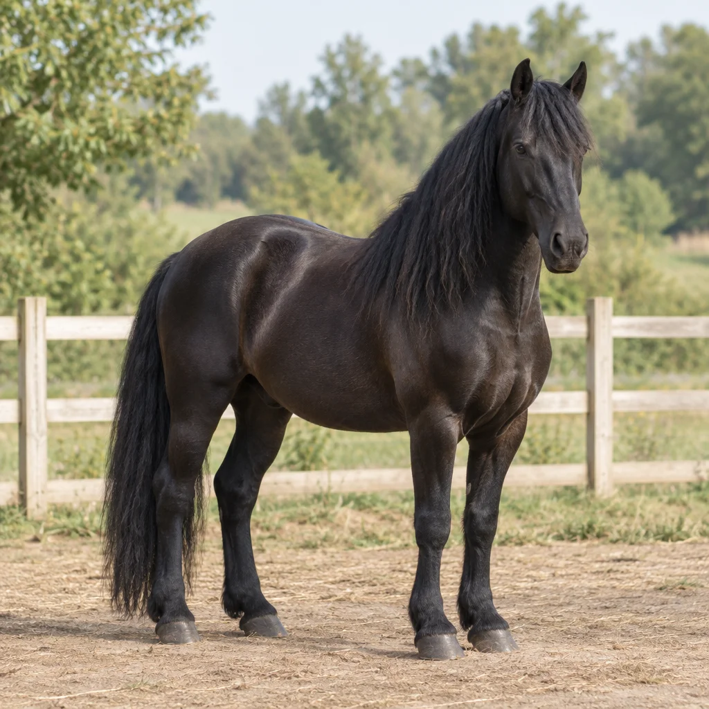 Un cal negru stă lângă un gard de lemn, cu toate cele patru copite vizibile și copaci în fundal.