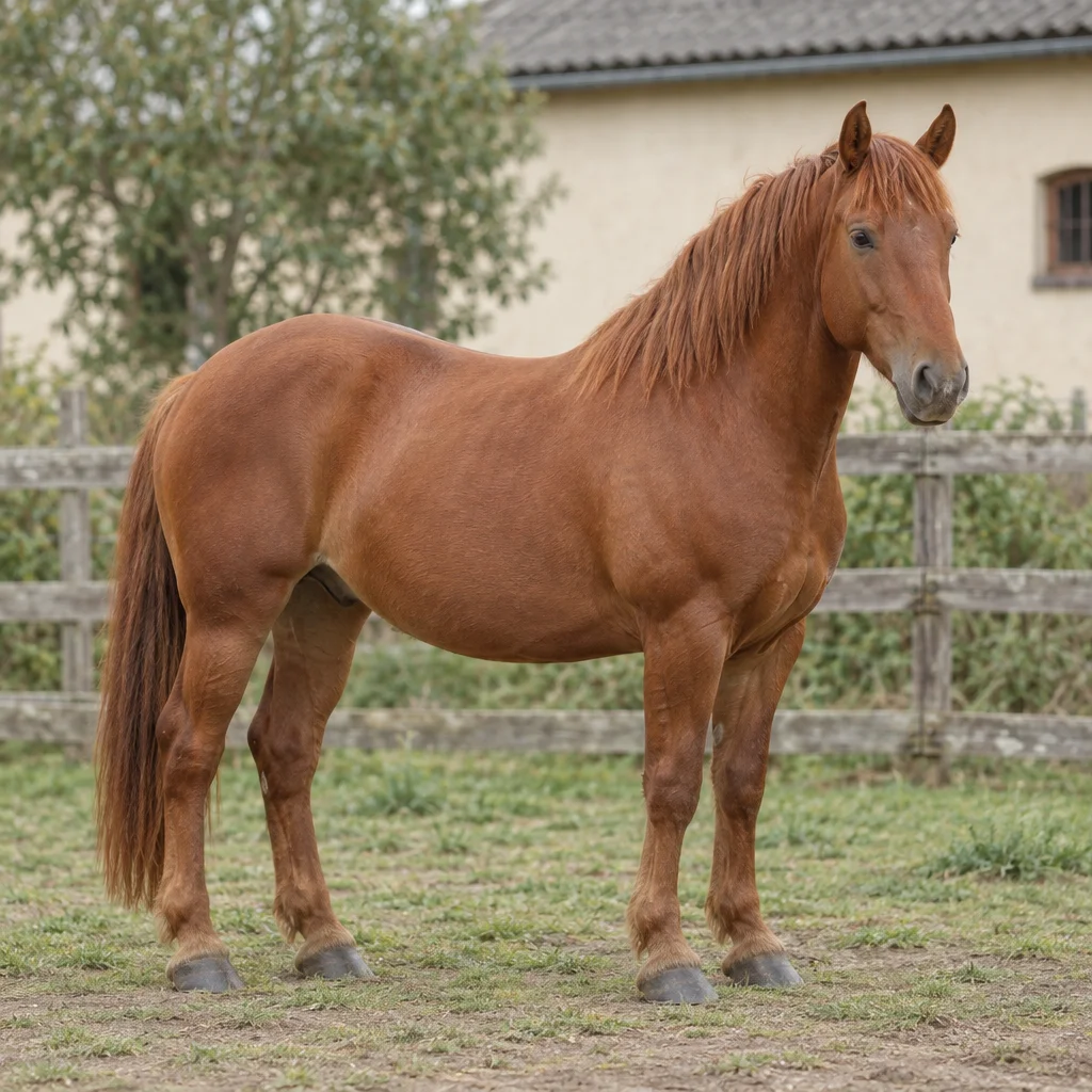 Un cal de culoare castanie stă pe o pășune împrejmuită, cu toate cele patru copite vizibile și cu o clădire de grajd de culoare deschisă în fundal.