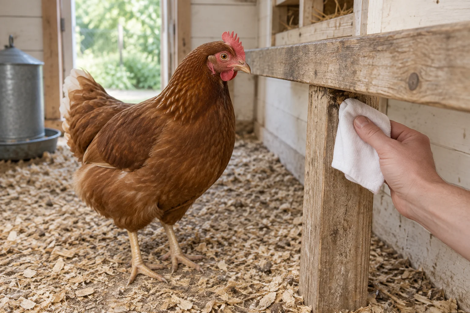 Găină brună în interiorul unui coteț din lemn, lângă o mână care verifică o îmbinare a stinghiei cu o cârpă albă.