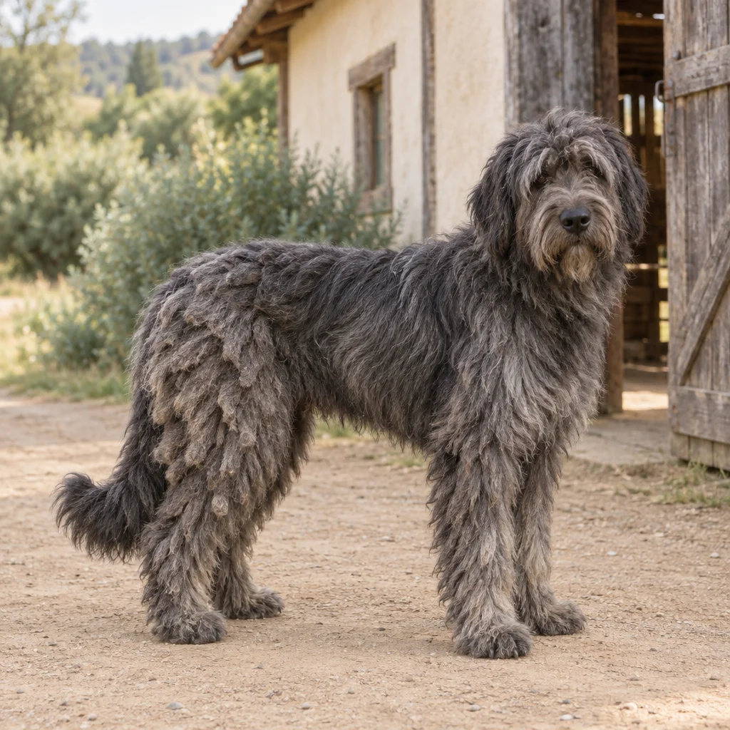 Un câine gri cu blană lungă, parțial împâslită, stă cu toate cele patru picioare vizibile în curtea unei gospodării, lângă un șopron din lemn.