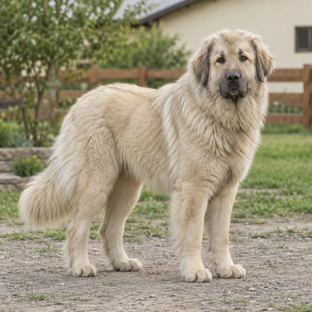 Un câine mare, de culoare deschisă, cu blană bogată și urechi lăsate, stă în curte, în fața unui gard de lemn.