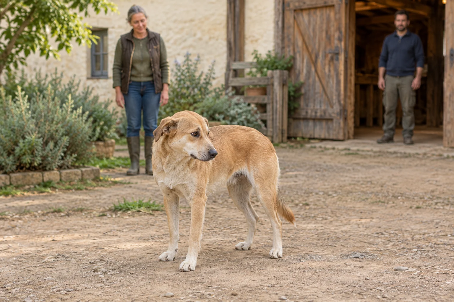 Un câine maro deschis stă în curte cu capul întors în lateral. Două persoane stau la distanță, lângă un șopron.