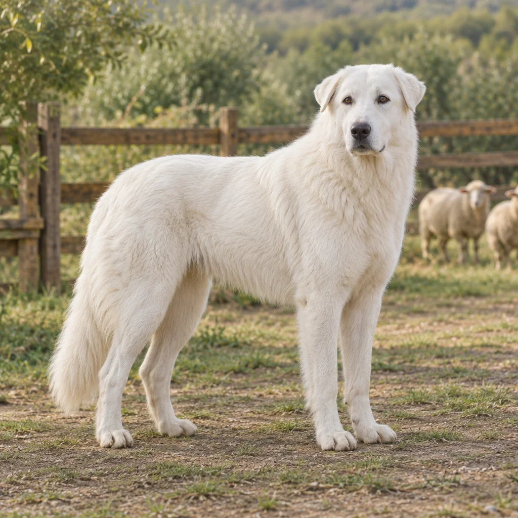 Ilustrație cu un câine ciobănesc Maremma Abruzzese alb lângă un gard, cu oi în fundal.