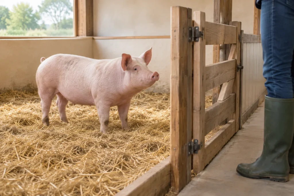 Porc roz pe paie, în spatele unei porți de lemn închise, cu o persoană care poartă cizme de cealaltă parte.
