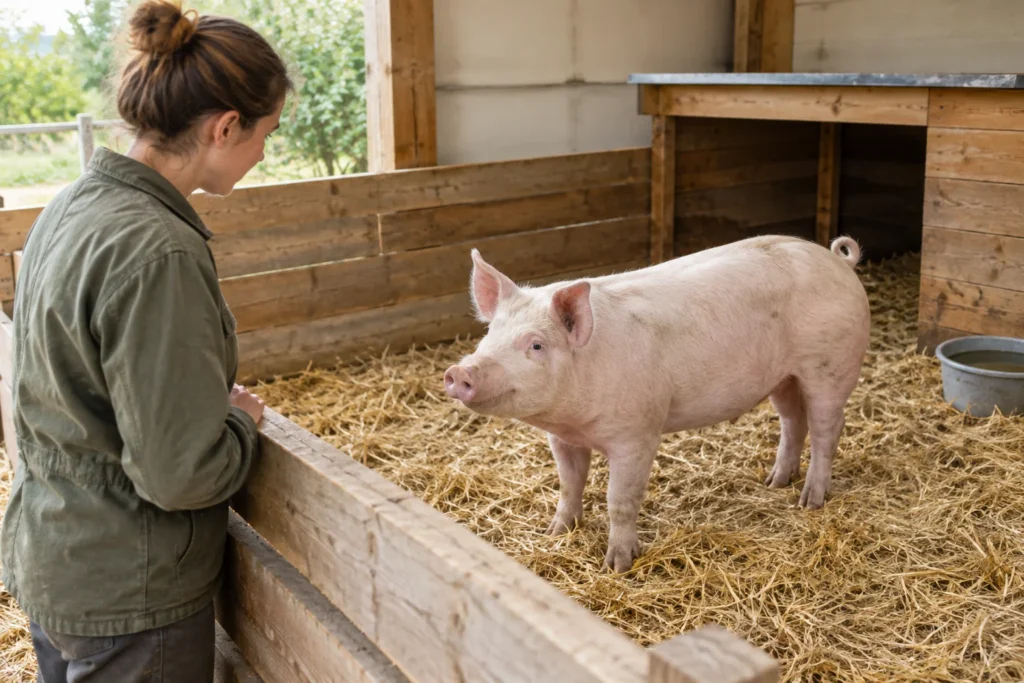O persoană privește un porc roz aflat în țarcul de lemn, unde se găsesc paie și un recipient cu apă.