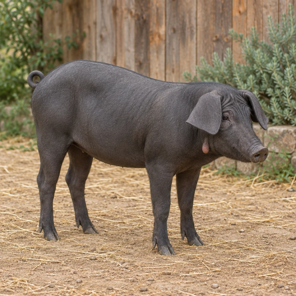 Porc cenușiu închis, cu urechi lăsate, o excrescență vizibilă sub gât și coada răsucită, stând pe pământ și paie în fața unui perete de lemn.