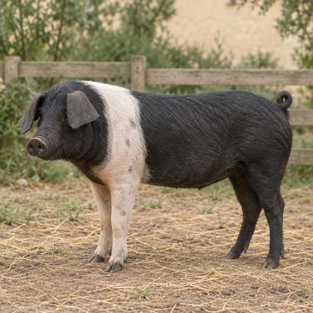 Porc negru cu o bandă deschisă la culoare peste umeri și picioarele din față, stând în curte, în fața unui gard de lemn.