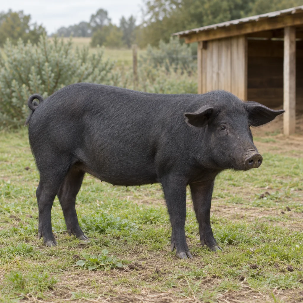 Ilustrație cu un porc negru cu urechi late, pe o pășune lângă un adăpost din lemn.