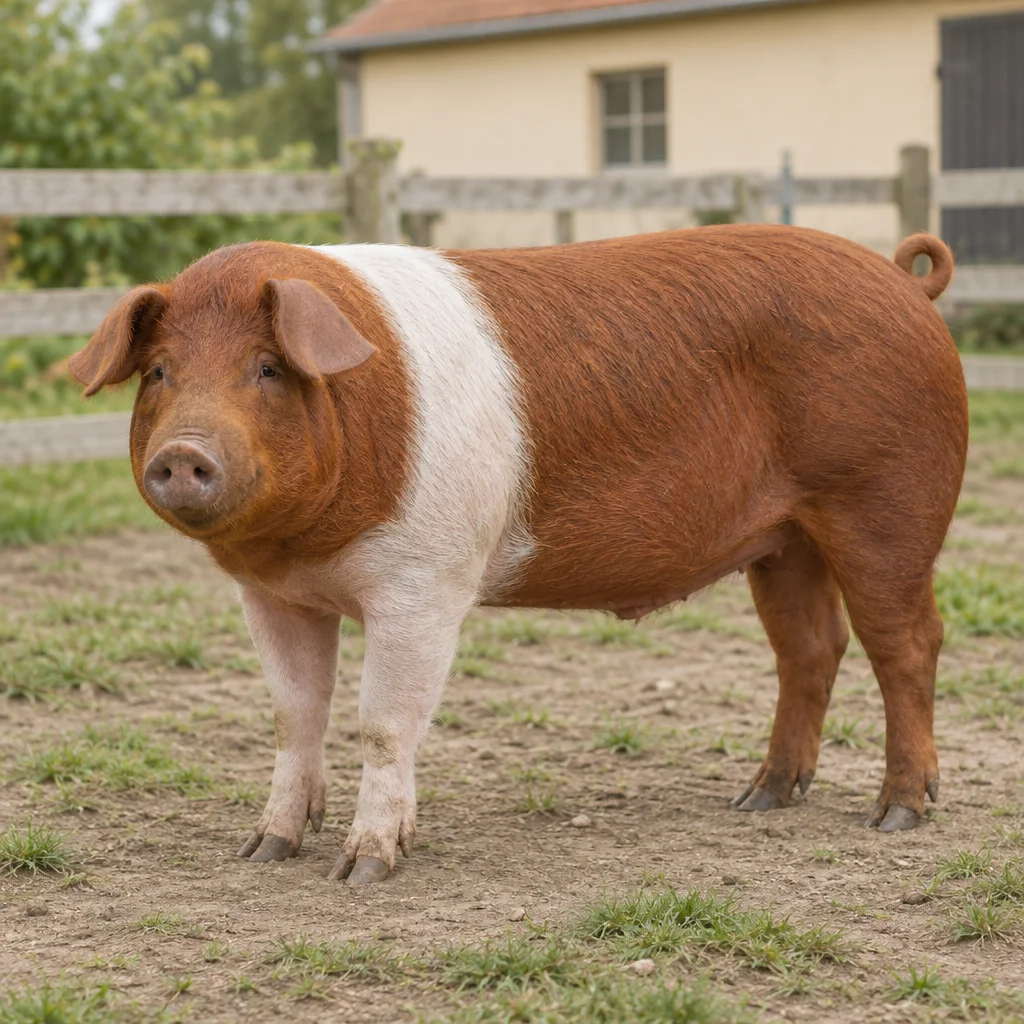 Un porc roșcat, cu o bandă albă lată peste umeri, stă în țarcul exterior împrejmuit, cu toate cele patru picioare vizibile.