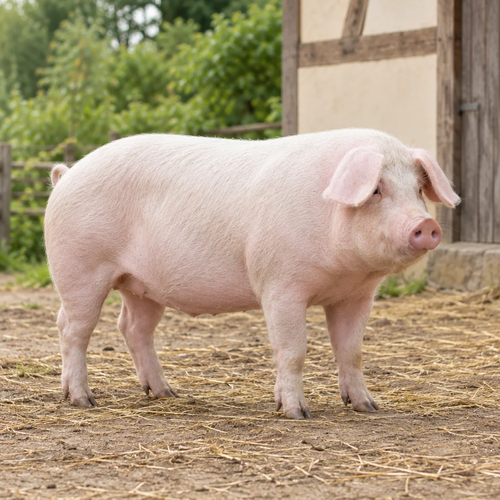 Un porc mare, roz deschis, cu peri albi și urechi lăsate, stă în curtea acoperită cu paie, cu toate cele patru picioare vizibile.