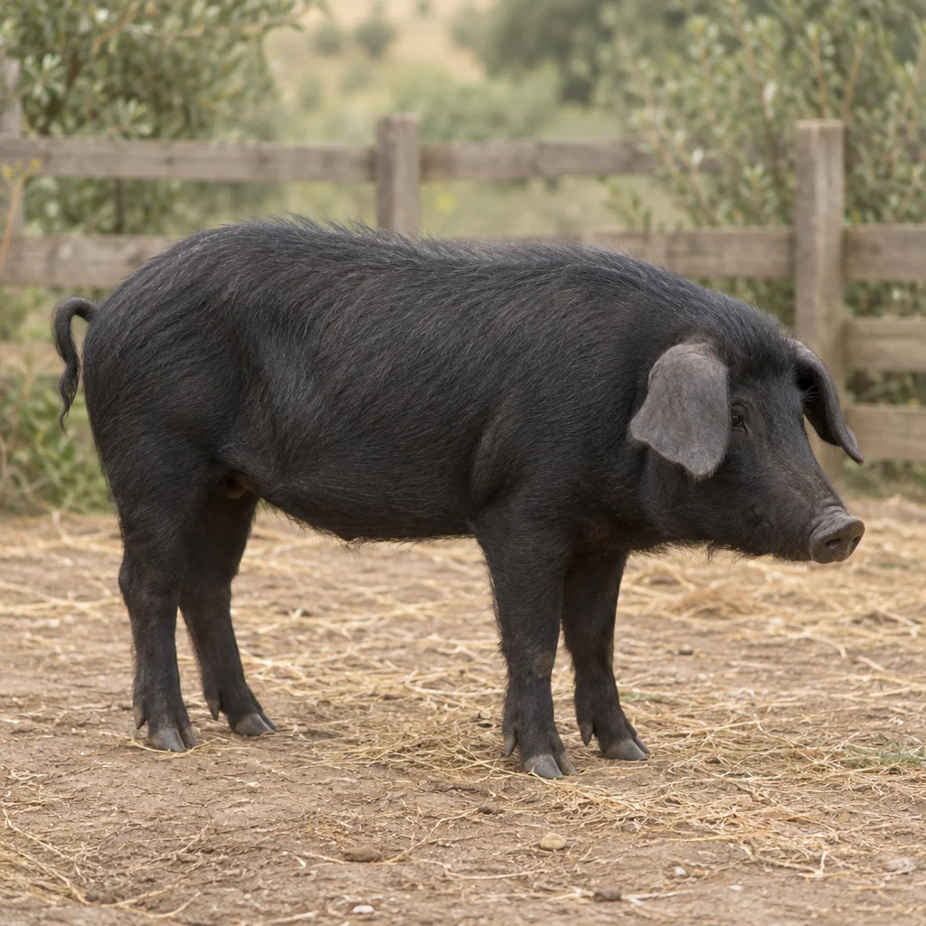 Un porc negru cu urechile lăsate este vizibil în întregime într o curte cu paie, în fața unui gard de lemn.